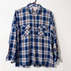 Vintage 1950s / 1960s Mac Phergus Sportswear Blue Plaid Button Down Size Medium